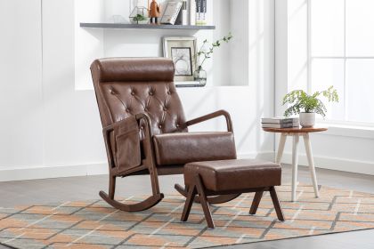 COOLMORE Rocking Chair With Ottoman, Mid-Century Modern Upholstered Fabric Rocking Armchair, Rocking Chair Nursery with Thick Padded Cushion, High Bac
