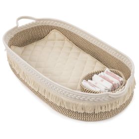 Baby Changing Basket, Handmade Woven Cotton Rope Moses Basket, Changing Table Topper with Mattress Pad(White&Brown)