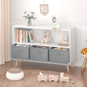 Kids bookcase with Collapsible Fabric Drawers, Children's Book Display, Toy Storage Cabinet Organizer, White/Gray