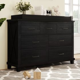 Rustic Farmhouse Style Solid Pine Wood Blackwash Seven-Drawer Dresser with Changing Topper for Nursery, Bedroom, Coffee