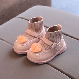Love Heart Baby Girl Shoes Casual Knitted Infant Walkers Winter Soft Bottom Ankle Boots Plush Warm Snow Boots Kids Sock Shoes (Color: Pink, Size: 15(Insole 12cm))