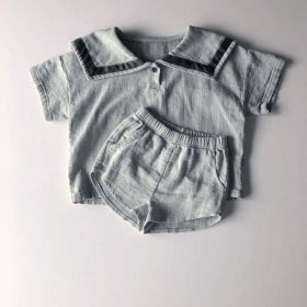 Baby 1pc Contrast Tape Lapel Tops & Shorts Navy Style College Sets (Size/Age: 80cm (12-18M), Color: Grey)