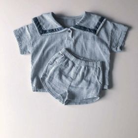Baby 1pc Contrast Tape Lapel Tops & Shorts Navy Style College Sets (Size/Age: 80cm (12-18M), Color: Blue)