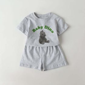 Baby Cartoon Animal & Slogan Pattern Short Sleeved Tee Combo Solid Shorts Sets (Size/Age: 73cm (9-12M), Color: Grey)