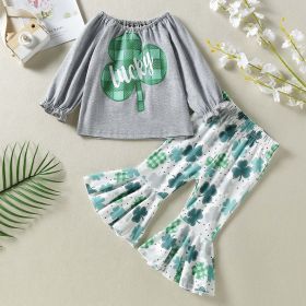 Baby Girl 1pcs 4-Leaves Cloverleaf Graphic, Long Sleeve Tops Combo, Cloverleaf Print Ruffle Hem Pants Sets (Size/Age: 80cm (12-18M), Color: Green)
