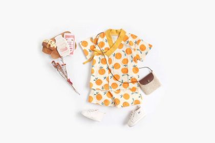 Baby Fruit Print Belt Design Short-Sleeved Top Combo Shorts Japan Style Sets Pajamas (Size/Age: 66cm (3-6M), Color: Orange)