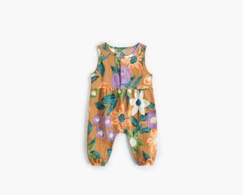 Baby Girl Floral Print Pattern Buttoned Design Sleeveless Rompers (Size/Age: 66cm (3-6M), Color: Yellow)