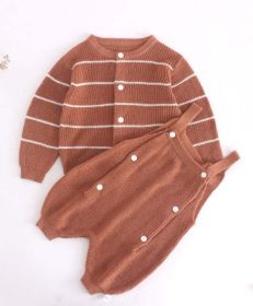Baby Solid Color Knit Romper Combo Striped Graphic Cardigan Sets (Size/Age: 73cm (9-12M), Color: Coffee)