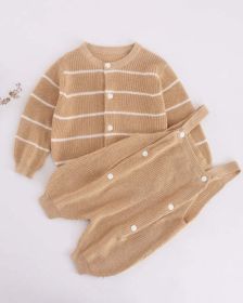 Baby Solid Color Knit Romper Combo Striped Graphic Cardigan Sets (Size/Age: 73cm (9-12M), Color: Khaki)