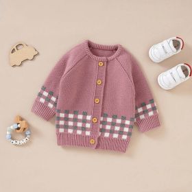 Baby Plaid Pattern Single Breasted Design Knitted Cardigan (Size/Age: 59cm (0-3M), Color: Pink)