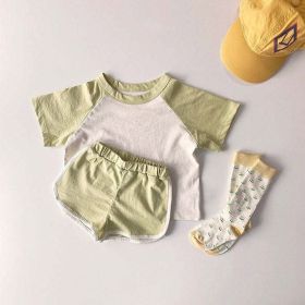 Baby Boys And Girls Color Patchwork Design Round Neck Short-Sleeved Top Combo Shorts Summer Cotton Sets (Size/Age: 73cm (9-12M), Color: Green)