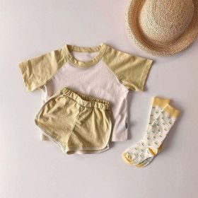 Baby Boys And Girls Color Patchwork Design Round Neck Short-Sleeved Top Combo Shorts Summer Cotton Sets (Size/Age: 73cm (9-12M), Color: Yellow)