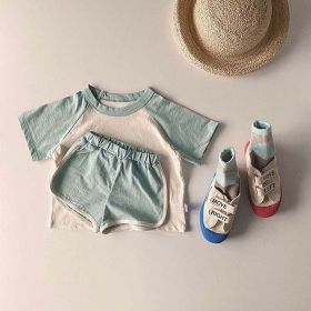 Baby Boys And Girls Color Patchwork Design Round Neck Short-Sleeved Top Combo Shorts Summer Cotton Sets (Size/Age: 73cm (9-12M), Color: Blue)