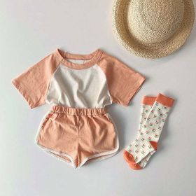 Baby Boys And Girls Color Patchwork Design Round Neck Short-Sleeved Top Combo Shorts Summer Cotton Sets (Size/Age: 73cm (9-12M), Color: Orange)