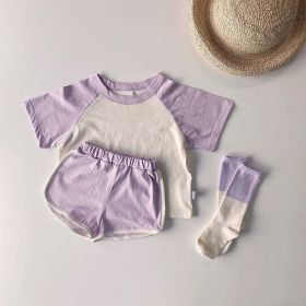 Baby Boys And Girls Color Patchwork Design Round Neck Short-Sleeved Top Combo Shorts Summer Cotton Sets (Size/Age: 73cm (9-12M), Color: Purple)