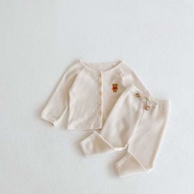 Baby Cartoon Bear Embroidered Graphic Button Front Waffle Knitted Cardigan Combo Pants Sets (Size/Age: 66cm (3-6M), Color: Apricot)