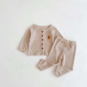 Baby Cartoon Bear Embroidered Graphic Button Front Waffle Knitted Cardigan Combo Pants Sets (Size/Age: 66cm (3-6M), Color: Khaki)