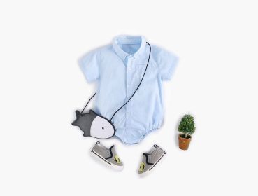 Baby Solid Color Buttoned Shirt With Pockets Short Sleeve Onesies Online In Summer (Size/Age: 73cm (9-12M), Color: Blue)