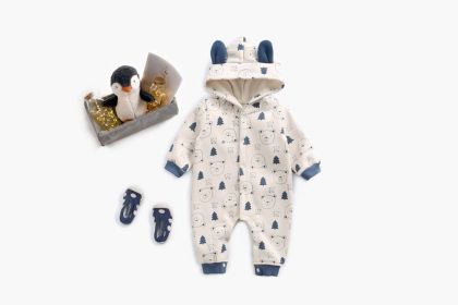 Baby Cartoon Animal Graphic Snap Button Thick Rompers With Hat (Size/Age: 66cm (3-6M), Color: Khaki)