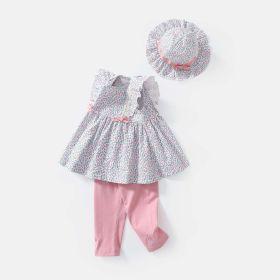 Baby Girls Floral Print Sleeveless Dress Combo Pink Solid Pants With Sun Hat In Sets (Size/Age: 73cm (9-12M), Color: Pink)