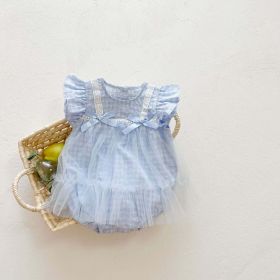 Baby Girl Grid Pattern Combo Mesh Design Round Collar Short-Sleeved Onesies (Size/Age: 66cm (3-6M), Color: Blue)