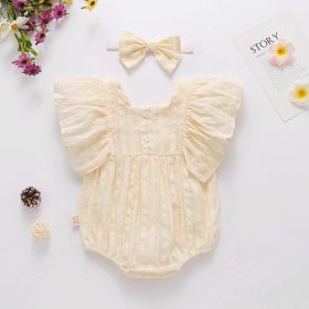 Baby Girl Solid Color Square Collar Design Short-Sleeved Onesies With Headband In Summer Outside Wearing (Size/Age: 66cm (3-6M), Color: Beige)