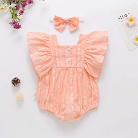 Baby Girl Solid Color Square Collar Design Short-Sleeved Onesies With Headband In Summer Outside Wearing (Size/Age: 66cm (3-6M), Color: Pink)