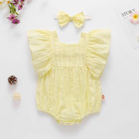 Baby Girl Solid Color Square Collar Design Short-Sleeved Onesies With Headband In Summer Outside Wearing (Size/Age: 66cm (3-6M), Color: Yellow)