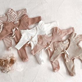 Baby Girl Solid Color Pure Cotton Long Sleeve Tops With Pants Sets (Size/Age: 59cm (0-3M), Color: Khaki)