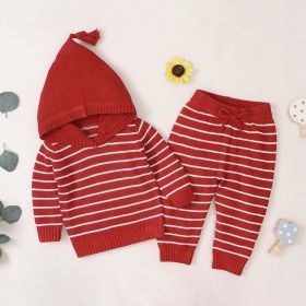 Baby 1pcs Striped Pattern Knitted Hoodie With Hat & Pants Warm Sets (Size/Age: 73cm (9-12M), Color: Red)