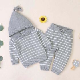 Baby 1pcs Striped Pattern Knitted Hoodie With Hat & Pants Warm Sets (Size/Age: 73cm (9-12M), Color: Grey)