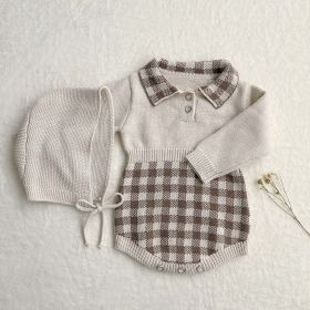 Baby Checkerboard Pattern Polo Neck Knit Warm Onesies (Size/Age: 66cm (3-6M), Color: Apricot)
