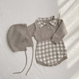 Baby Checkerboard Pattern Polo Neck Knit Warm Onesies (Size/Age: 73cm (9-12M), Color: Brown)