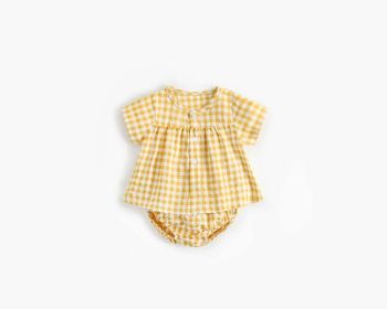 Baby Girl Plaid Pattern Single Breasted Design Shirt Combo Shorts Sets (Size/Age: 66cm (3-6M), Color: Yellow)