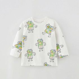 Baby Boy Cartoon Print Pattern Soft Cotton Crewneck Long Sleeve Shirt (Size/Age: 90cm (18-24M), Color: White)