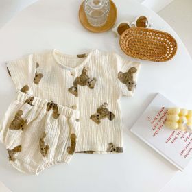 Baby Bear Print Pattern Round Collar Shirt Top Combo Short Pants Sets In Summer Outfit Wearing (Size/Age: 66cm (3-6M), Color: Beige)