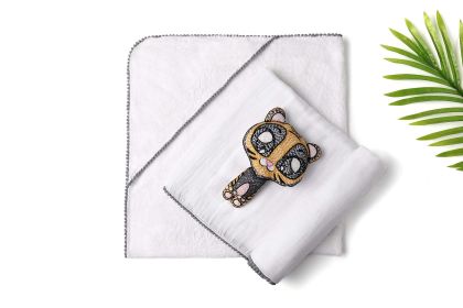 3 Pc Newborn Essential Set - Hooded Towel, Swaddle + Toy Rattle (COLLECTION: Grey Collection)