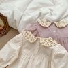 Baby Solid Color, Doll Neck, Mesh Patched Design Romper