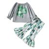 Baby Girl 1pcs 4-Leaves Cloverleaf Graphic, Long Sleeve Tops Combo, Cloverleaf Print Ruffle Hem Pants Sets