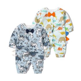 Baby Boy Dinosaur Pattern Bow Tie Patched Design Snap Button Romper Jumpsuit (Size/Age: 59cm (0-3M), Color: Blue)