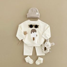 Two-piece Suit Boys and Girls Long Sleeve Trousers Suit Sportswear Autumn And Winter (Size/Age: 73cm (9-12M), Color: Milky White)